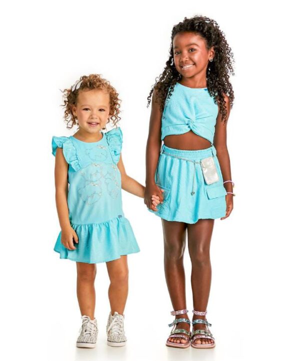 CJ 3 PCS SAIA SHORT E BLUSA TURQUESA BRILHANTE E POCHETE PRATA AZUL