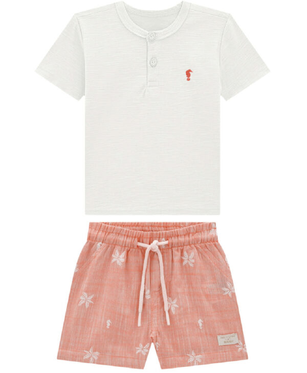 Conjunto bata em meia malha flame e bermuda em linho leve / Creme