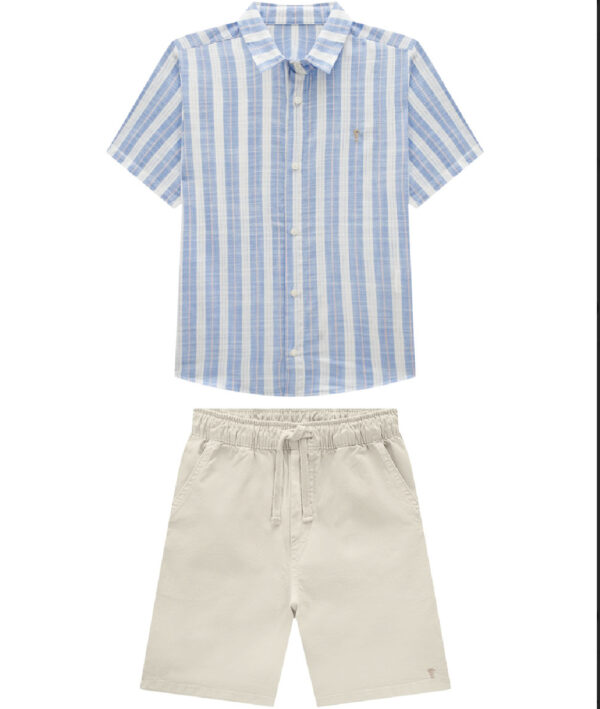 Conjunto camisa em linho leve listrado e bermuda em sarja com elastano / Celeste
