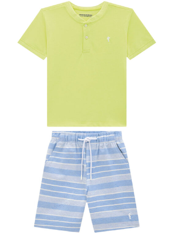 Conjunto bata em piquet confort e bermuda em sarja listrada / Amarelo Candy